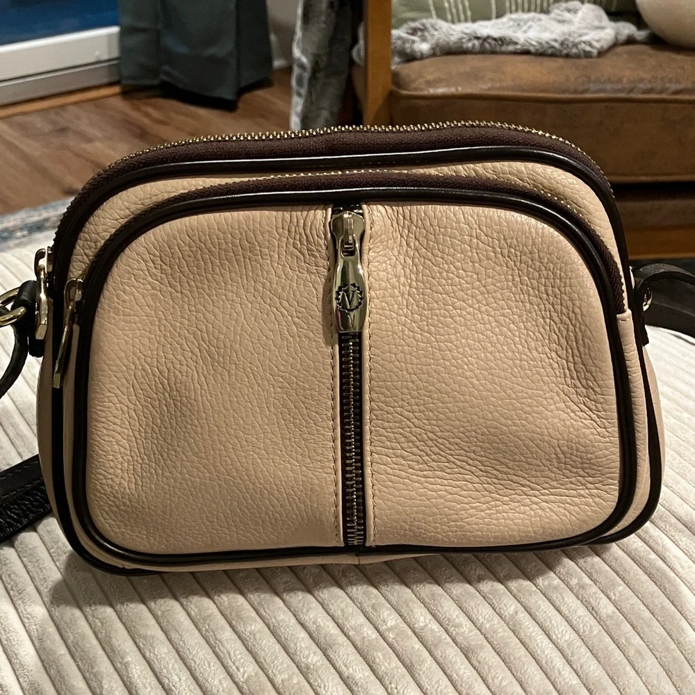 Valentina Genuine Leather Triple Zipper Crossbody Blush/Brown - Picture 3 of 9